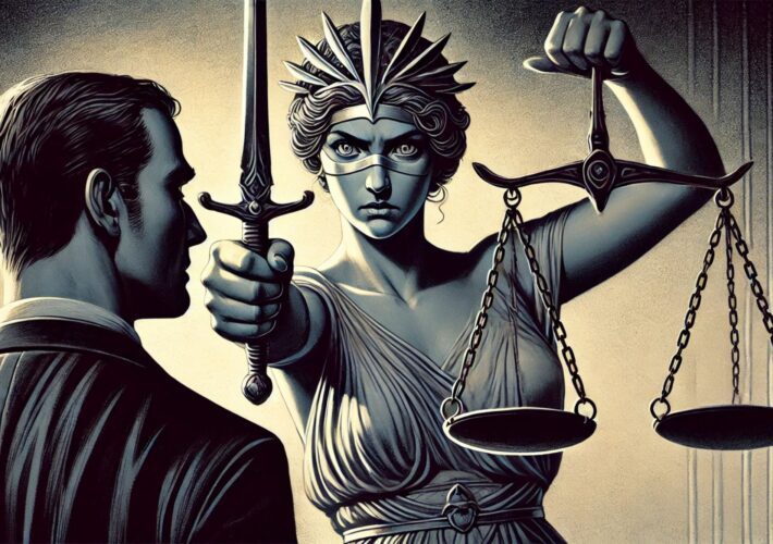 Medida Protetiva: O Novo Golpe no Brasil 2 Ilustração da deusa da justiça (Têmis) com os olhos vendados, segurando uma balança em uma mão e apontando a espada diretamente para um homem